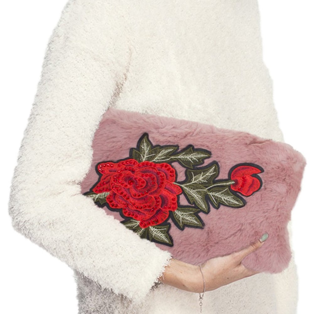 C.C Rose Patch Fur Clutch Bag